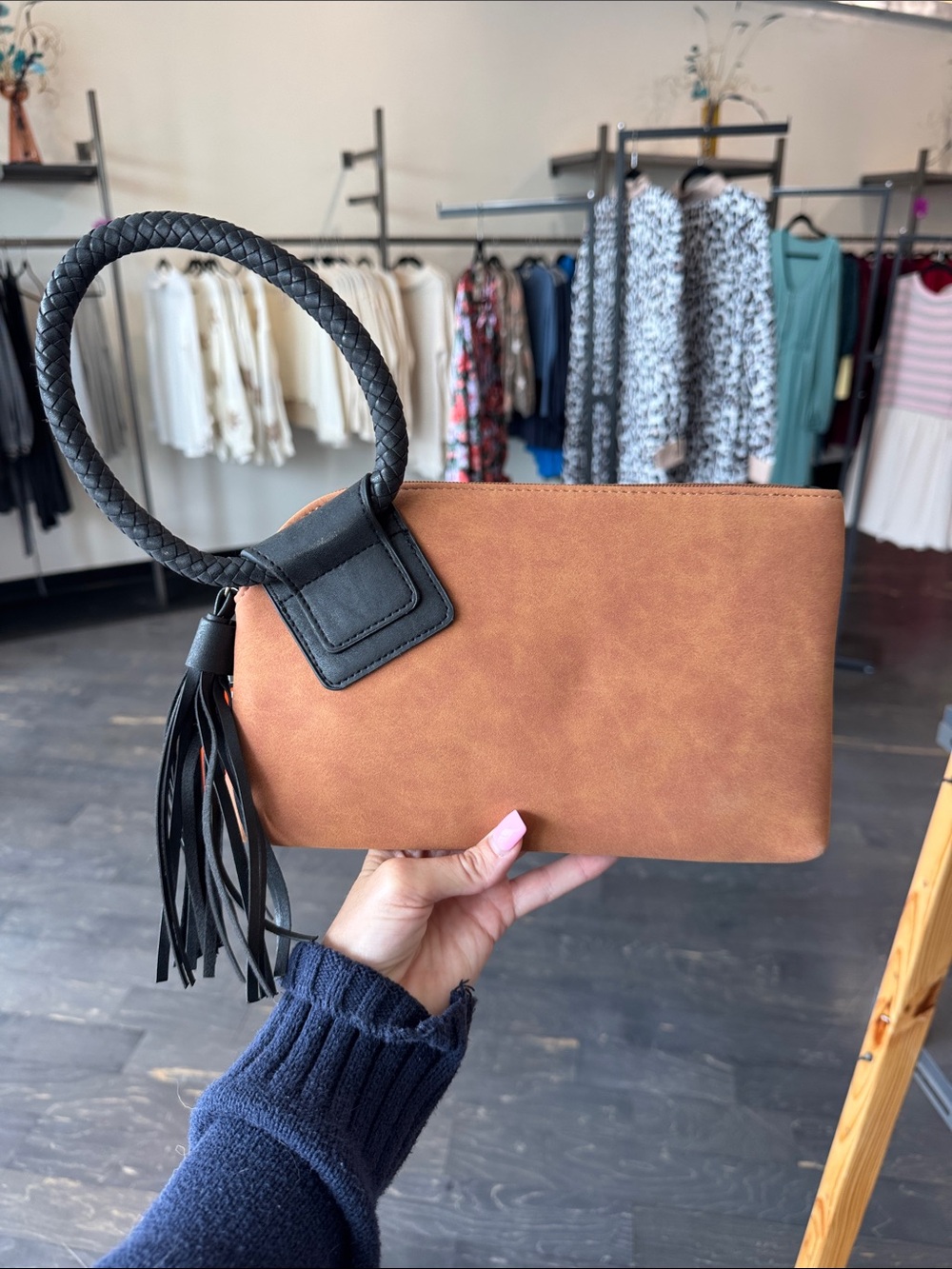 Alba Brown Wristlet Clutch with Black Braided Strap